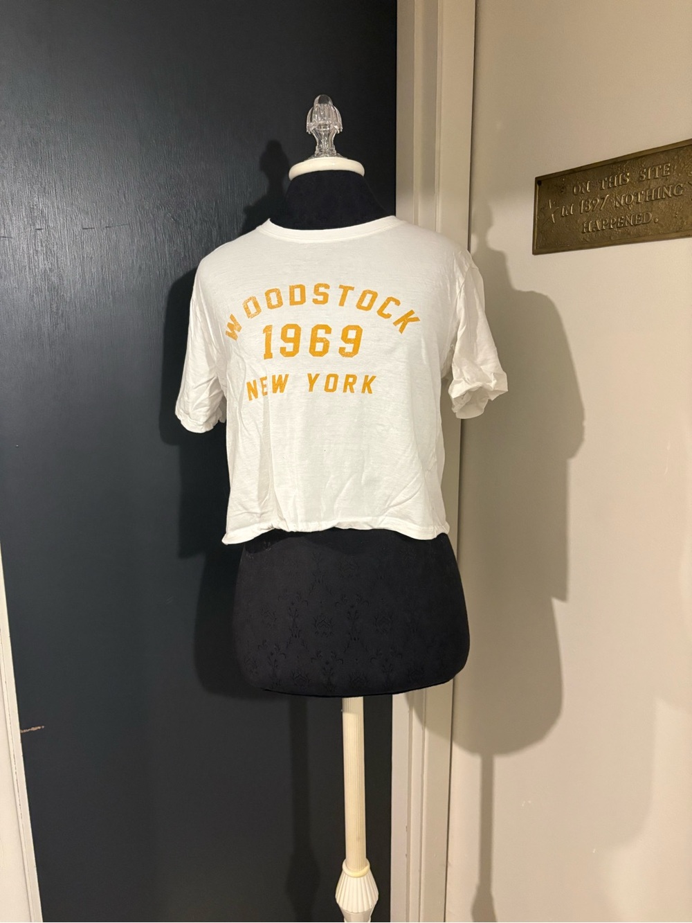 one clothing 100% Cotton White Crop Tee with Yellow Woodstock 1969 Print
